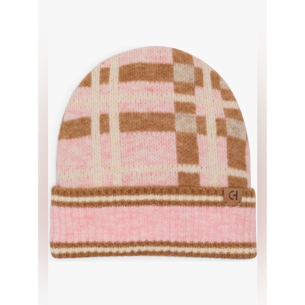 Cole Haan Tan and Pink Sweater Knit Plaid Cuffed Beanie OS NWT